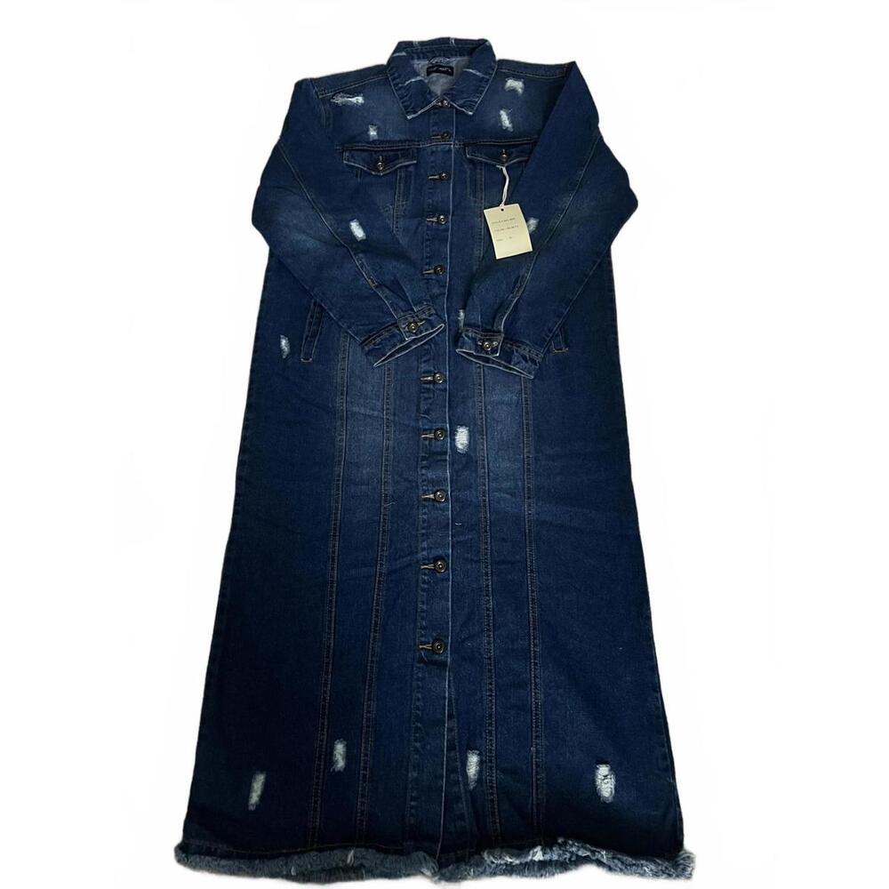 Long Denim Button-Up Trench\Dress with Distressed Details - Picture 2 of 4